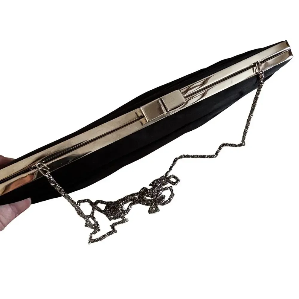 Lulu Townsend black satin evening bag with silvertone chain strap clutch purse